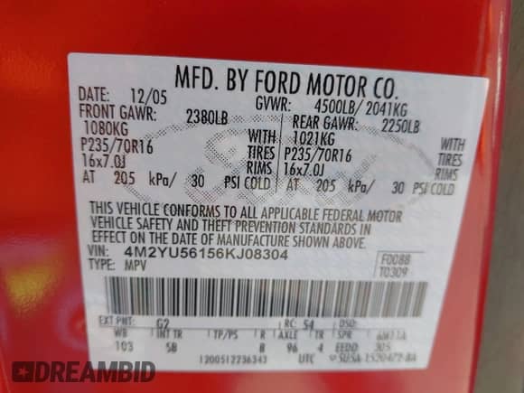 2006 Mercury Mariner Luxury with VIN 4M2YU56156KJ08304, listed as a IAAI auction lot 42990556 with 148,191 mi miles and . Bid and sale history available at DreamBid. Image 9.