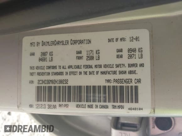 ✅ 2002 Chrysler Concorde LXi • VIN: 2C3HD36M02H180232 • Lot: 43400367. Listed on IAAI with 90,430 mi. Free auction sales archive from the USA and detailed vehicle history report at DreamBid. Image 9.