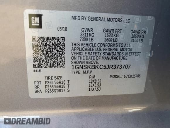 ✅ 2018 Chevrolet Tahoe LT • VIN: 1GNSKBKC5JR373707 • Lot: 42512115. Listed on Copart with Not provided. Free auction sales archive from the USA and detailed vehicle history report at DreamBid. Image 13.