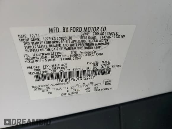 ✅ 2012 Ford Taurus Limited • VIN: 1FAHP2FW0CG132943 • Лот: 84575505. Опубликован ранее на Copart с пробегом 105 231 миль. Бесплатный доступ к архиву аукционных продаж из США и подробный отчёт об истории автомобиля на DreamBid. Изображение 12.