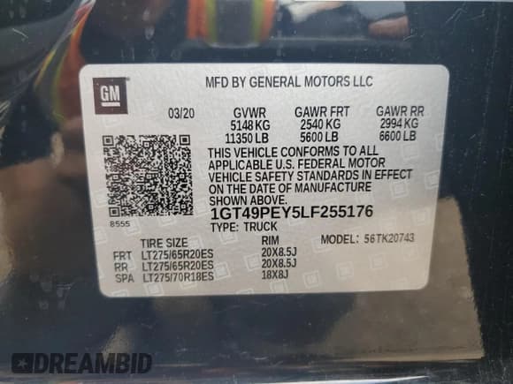 ✅ 2020 GMC Sierra 2500HD AT4 • VIN: 1GT49PEY5LF255176 • Lot: 62640805. Listed on Copart with Not provided. Free auction sales archive from the USA and detailed vehicle history report at DreamBid. Image 12.