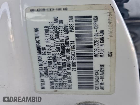 ✅ 1999 Toyota Corolla VE • VIN: 2T1BR12E3XC113714 • Лот: 94274005. Опубликован ранее на Copart с пробегом 217 815 миль. Бесплатный доступ к архиву аукционных продаж из США и подробный отчёт об истории автомобиля на DreamBid. Изображение 12.