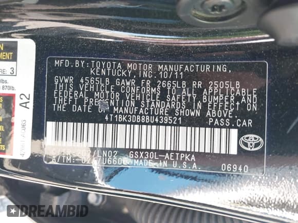 ✅ 2011 Toyota Avalon Limited • VIN: 4T1BK3DB8BU439521 • Lot: 43063806. Listed on IAAI with 145,445 mi. Free auction sales archive from the USA and detailed vehicle history report at DreamBid. Image 9.