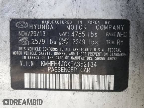 2014 Hyundai Azera Limited с VIN KMHFH4JGXEA352134, выставлен на аукционе Copart как лот 42810485 с пробегом 151 306 миль миль и Списание • Salvage title. История ставок и продаж доступна на DreamBid. Изображение 12.