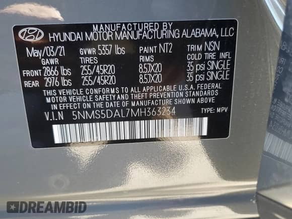 2021 Hyundai Santa Fe Calligraphy with VIN 5NMS5DAL7MH363234, listed as a Copart auction lot 86188865 with 57,811 mi miles and Salvage title. Bid and sale history available at DreamBid. Image 13.