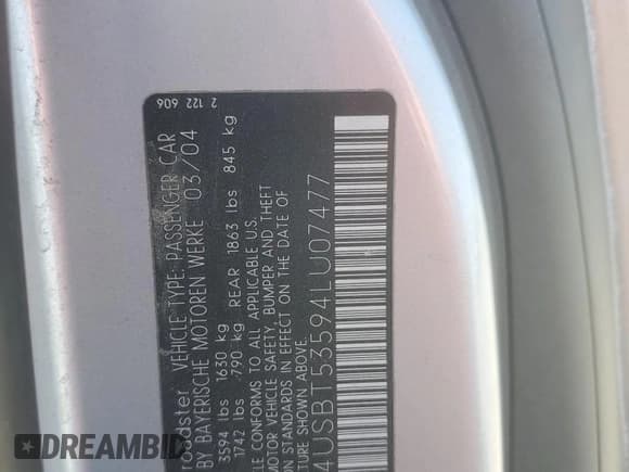 ✅ 2004 BMW Z4 3.0i • VIN: 4USBT53594LU07477 • Lot: 65718545. Listed on Copart with 124,545 mi. Free auction sales archive from the USA and detailed vehicle history report at DreamBid. Image 12.