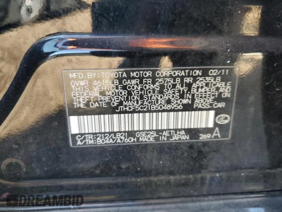 ✅ 2011 Lexus IS 250 • VIN: JTHCF5C21B5048956 • Lot: 93070985. Listed on Copart with 155,364 mi. Free auction sales archive from the USA and detailed vehicle history report at DreamBid. Image 12.