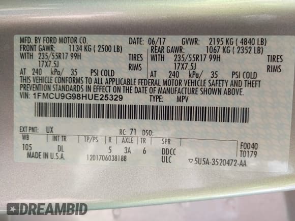 ✅ 2017 Ford Escape SE • VIN: 1FMCU9G98HUE25329 • Лот: 42496618. Опубликован ранее на IAAI с пробегом 149 370 миль. Бесплатный доступ к архиву аукционных продаж из США и подробный отчёт об истории автомобиля на DreamBid. Изображение 9.