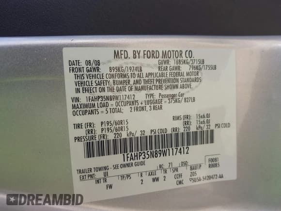 ✅ 2009 Ford Focus SE • VIN: 1FAHP35N89W117412 • Lot: 43410776. Listed on IAAI with 200,572 mi. Free auction sales archive from the USA and detailed vehicle history report at DreamBid. Image 9.