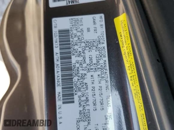 ✅ 2015 Toyota Tacoma • VIN: 5TFTX4CN4FX062508 • Lot: 47476885. Listed on Copart with 125,454 mi. Free auction sales archive from the USA and detailed vehicle history report at DreamBid. Image 12.