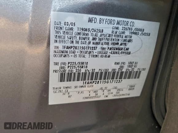 ✅ 2005 Ford Five Hundred Limited • VIN: 1FAHP28115G171237 • Lot: 94583435. Listed on Copart with 126,965 mi. Free auction sales archive from the USA and detailed vehicle history report at DreamBid. Image 12.