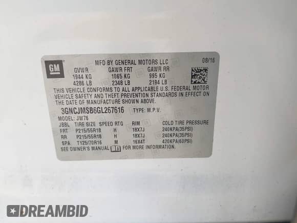 2016 Chevrolet Trax LTZ с VIN 3GNCJMSB6GL267616, выставлен на аукционе IAAI как лот 43384849 с пробегом Не указан миль и . История ставок и продаж доступна на DreamBid. Изображение 9.