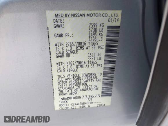 2014 Nissan Frontier Desert Runner z VIN 1N6AD0ER0EN733673, wystawiony jako IAAI lot #43260104 z przebiegiem 163 382 mil mil oraz . Historia ofert i sprzedaży dostępna na DreamBid. Obrazek 9.