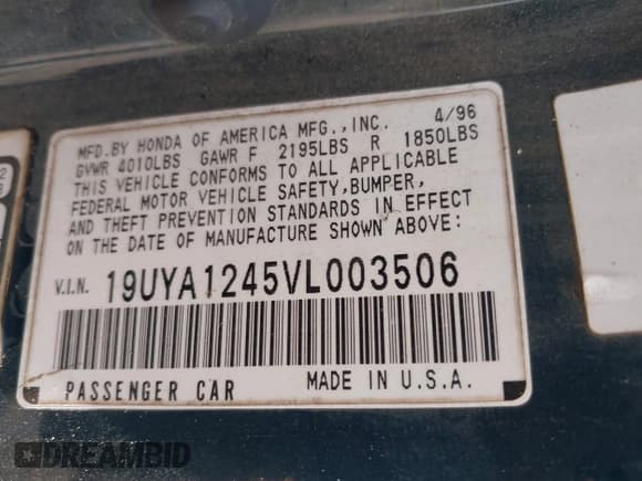 ✅ 1997 Acura CL • VIN: 19UYA1245VL003506 • Lot: 42860131. Listed on IAAI with 277,990 mi. Free auction sales archive from the USA and detailed vehicle history report at DreamBid. Image 9.