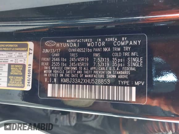 2017 Hyundai Tucson Sport with VIN KM8J33A2XHU528853, listed as a IAAI auction lot 42991524 with 78,083 mi miles and . Bid and sale history available at DreamBid. Image 9.