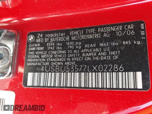 ✅ 2007 BMW Z4 3.0si • VIN: 4USBU53577LX02286 • Lot: 42531826. Listed on IAAI with 110,423 mi. Free auction sales archive from the USA and detailed vehicle history report at DreamBid. Image 9.