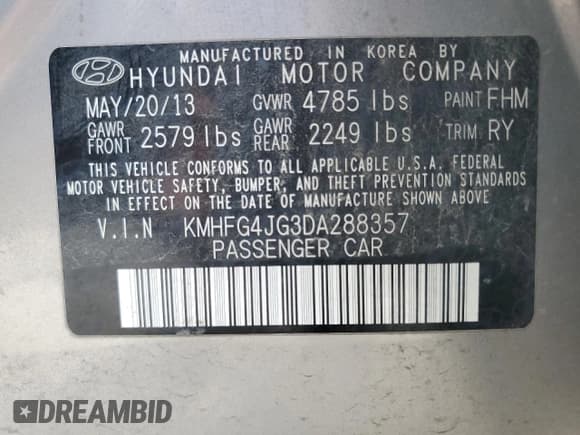 ✅ 2013 Hyundai Azera • VIN: KMHFG4JG3DA288357 • Лот: 67233085. Опубликован ранее на Copart с пробегом 174 588 миль. Бесплатный доступ к архиву аукционных продаж из США и подробный отчёт об истории автомобиля на DreamBid. Изображение 12.