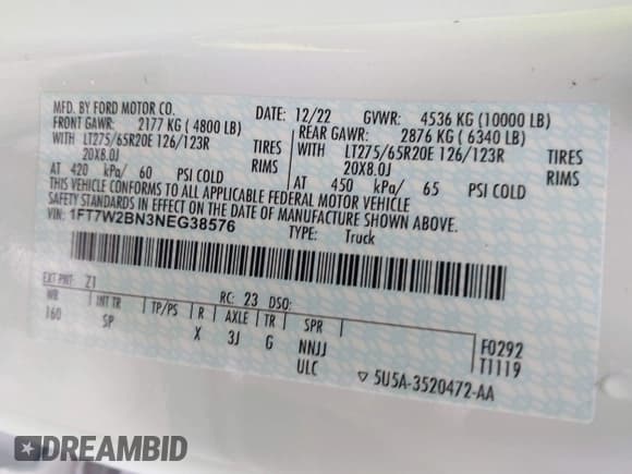 ✅ 2022 Ford F-250 XL • VIN: 1FT7W2BN3NEG38576 • Lot: 42469267. Listed on IAAI with 27,027 mi. Free auction sales archive from the USA and detailed vehicle history report at DreamBid. Image 8.