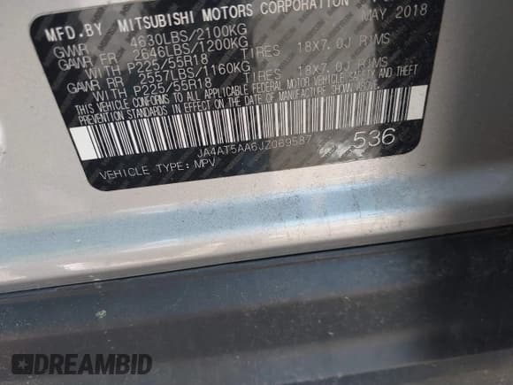 ✅ 2018 Mitsubishi Eclipse Cross SE • VIN: JA4AT5AA6JZ069587 • Lot: 39903854. Wystawiony na IAAI z przebiegiem 82 616 mil. Bezpłatny archiwum sprzedaży aukcyjnych z USA i szczegółowy raport historii pojazdu na DreamBid. Zdjęcie 9.