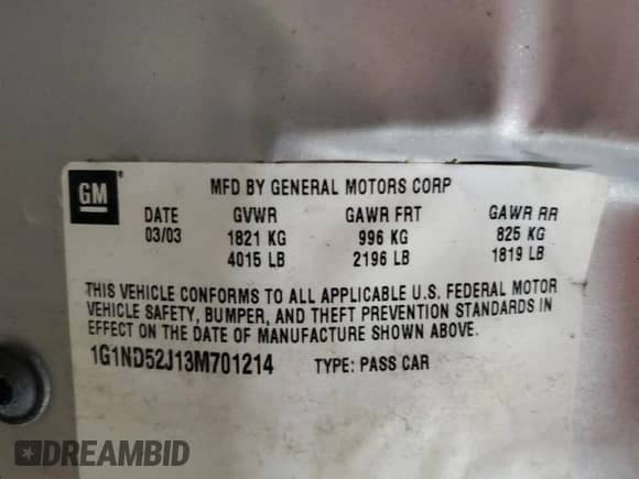 2003 Chevrolet Malibu z VIN 1G1ND52J13M701214, wystawiony jako Copart lot #87434834 z przebiegiem 67 003 mil mil oraz Szkoda całkowita • Salvage title. Historia ofert i sprzedaży dostępna na DreamBid. Obrazek 13.