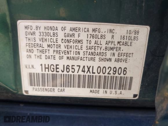 ✅ 1999 Honda Civic LX • VIN: 1HGEJ6574XL002906 • Lot: 42655868. Listed on IAAI with 198,788 mi. Free auction sales archive from the USA and detailed vehicle history report at DreamBid. Image 9.