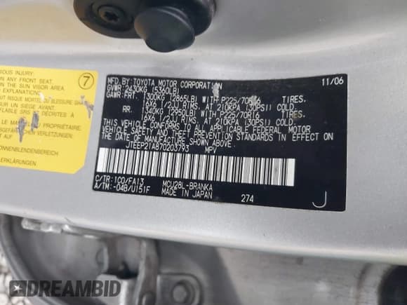 ✅ 2007 Toyota Highlander w/3rd Row • VIN: JTEEP21A870203793 • Lot: 43483100. Listed on IAAI with 166,166 mi. Free auction sales archive from the USA and detailed vehicle history report at DreamBid. Image 9.