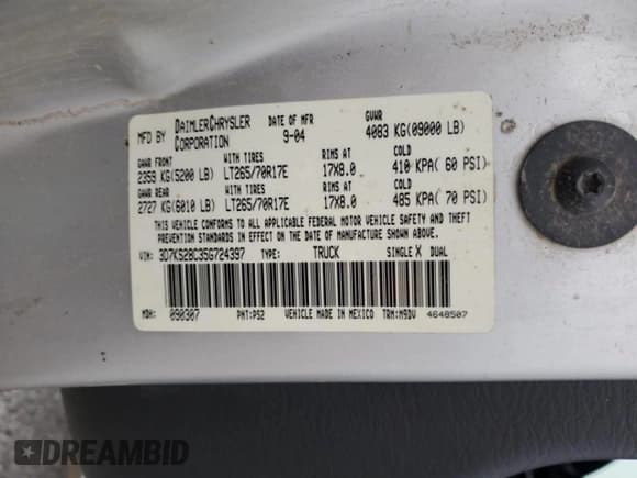 ✅ 2005 Dodge 2500 SLT • VIN: 3D7KS28C35G724397 • Lot: 47537005. Listed on Copart with 255,325 mi. Free auction sales archive from the USA and detailed vehicle history report at DreamBid. Image 12.