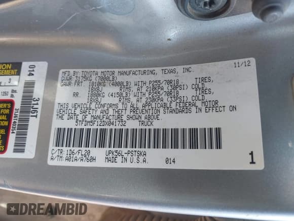 ✅ 2013 Toyota Tundra • VIN: 5TFDM5F12DX041732 • Lot: 43045018. Listed on IAAI with 198,261 mi. Free auction sales archive from the USA and detailed vehicle history report at DreamBid. Image 9.