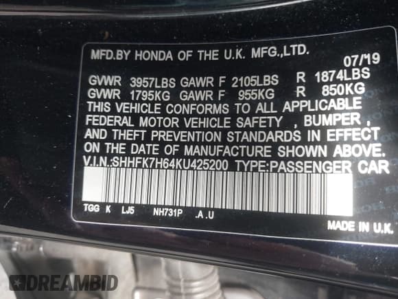 ✅ 2019 Honda Civic EX • VIN: SHHFK7H64KU425200 • Lot: 43564457. Listed on IAAI with 69,916 mi. Free auction sales archive from the USA and detailed vehicle history report at DreamBid. Image 9.