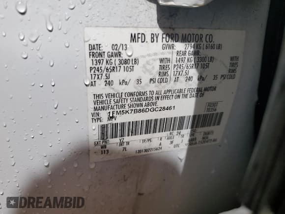 ✅ 2013 Ford Explorer • VIN: 1FM5K7B86DGC28461 • Lot: 55574805. Listed on Copart with 151,140 mi. Free auction sales archive from the USA and detailed vehicle history report at DreamBid. Image 13.