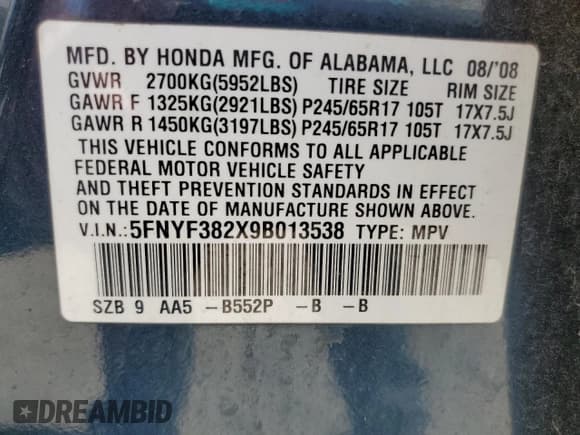 ✅ 2009 Honda Pilot LX • VIN: 5FNYF382X9B013538 • Lot: 49218915. Listed on Copart with 230,513 mi. Free auction sales archive from the USA and detailed vehicle history report at DreamBid. Image 13.