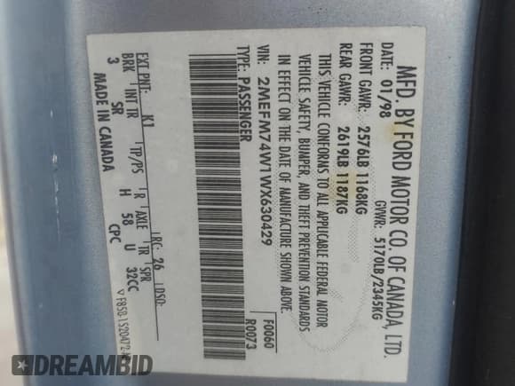 ✅ 1998 Mercury Grand Marquis GS • VIN: 2MEFM74W1WX630429 • Lot: 72080845. Wystawiony na Copart z przebiegiem 176 866 mil. Bezpłatny archiwum sprzedaży aukcyjnych z USA i szczegółowy raport historii pojazdu na DreamBid. Zdjęcie 12.