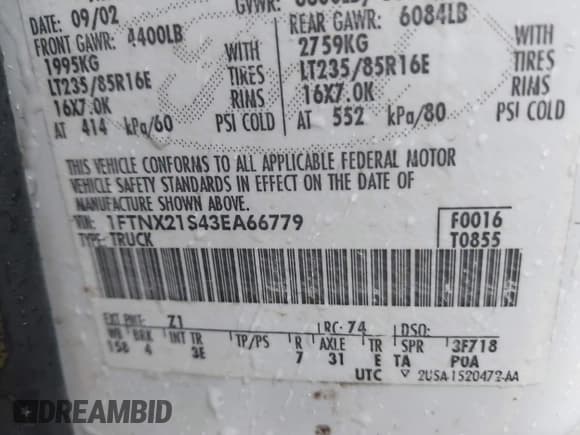 ✅ 2003 Ford F-250 XL • VIN: 1FTNX21S43EA66779 • Lot: 43858645. Listed on IAAI with 275,541 mi. Free auction sales archive from the USA and detailed vehicle history report at DreamBid. Image 9.