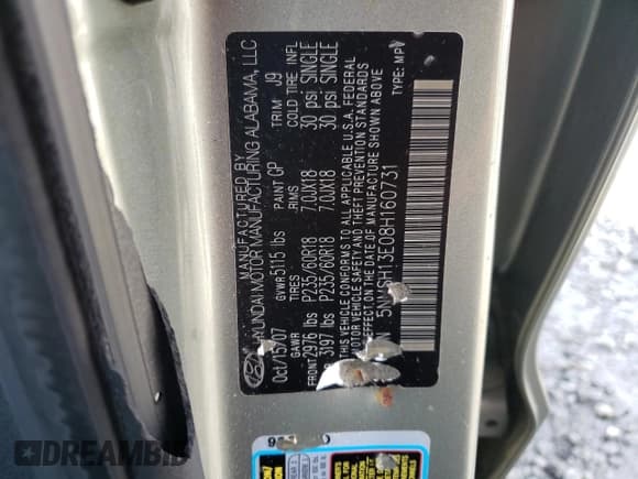 ✅ 2008 Hyundai Santa Fe SE • VIN: 5NMSH13E08H160731 • Lot: 71779974. Listed on Copart with 72,895 mi. Free auction sales archive from the USA and detailed vehicle history report at DreamBid. Image 13.