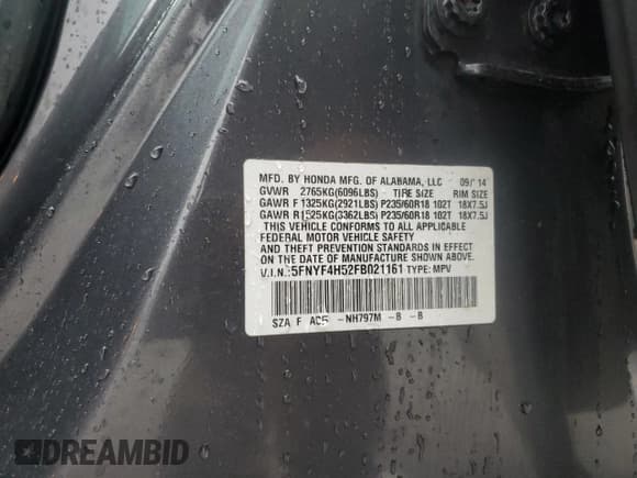 ✅ 2015 Honda Pilot EX-L • VIN: 5FNYF4H52FB021161 • Лот: 93379375. Опубликован ранее на Copart с пробегом Не указан. Бесплатный доступ к архиву аукционных продаж из США и подробный отчёт об истории автомобиля на DreamBid. Изображение 12.