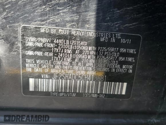 ✅ 2012 Subaru Forester X Premium • VIN: JF2SHADC5CH413681 • Lot: 58606095. Listed on Copart with 120,274 mi. Free auction sales archive from the USA and detailed vehicle history report at DreamBid. Image 13.