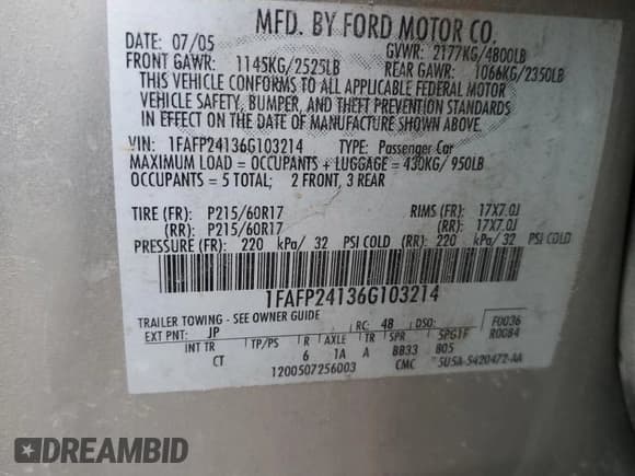 ✅ 2006 Ford Five Hundred SEL • VIN: 1FAFP24136G103214 • Lot: 91218885. Wystawiony na Copart z przebiegiem Nie podano. Bezpłatny archiwum sprzedaży aukcyjnych z USA i szczegółowy raport historii pojazdu na DreamBid. Zdjęcie 12.