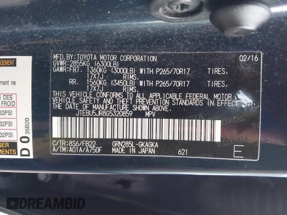 ✅ 2016 Toyota 4Runner Limited • VIN: JTEBU5JR8G5320859 • Lot: 43733615. Listed on IAAI with 77,825 mi. Free auction sales archive from the USA and detailed vehicle history report at DreamBid. Image 9.
