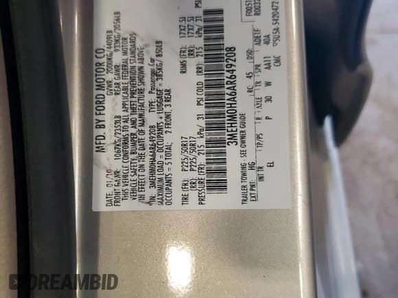 ✅ 2010 Mercury Milan • VIN: 3MEHM0HA6AR649208 • Lot: 80626425. Wystawiony na Copart z przebiegiem 119 335 mil. Bezpłatny archiwum sprzedaży aukcyjnych z USA i szczegółowy raport historii pojazdu na DreamBid. Zdjęcie 12.