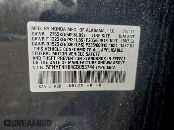 ✅ 2012 Honda Pilot EX-L • VIN: 5FNYF4H64CB053744 • Lot: 95992465. Listed on Copart with 259,449 mi. Free auction sales archive from the USA and detailed vehicle history report at DreamBid. Image 13.