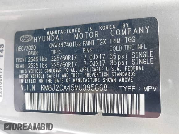 2021 Hyundai Tucson SE z VIN KM8J2CA45MU395868, wystawiony jako IAAI lot #43270045 z przebiegiem 112 896 mil mil oraz . Historia ofert i sprzedaży dostępna na DreamBid. Obrazek 9.