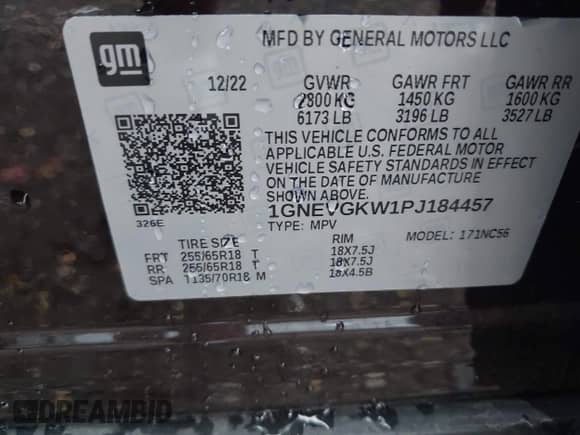 2023 Chevrolet Traverse LT Cloth with VIN 1GNEVGKW1PJ184457, listed as a IAAI auction lot 43392256 with 56,213 mi miles and . Bid and sale history available at DreamBid. Image 9.