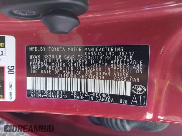 ✅ 2017 Toyota Corolla LE • VIN: 2T1BURHE2HC940819 • Lot: 43584419. Listed on IAAI with 55,949 mi. Free auction sales archive from the USA and detailed vehicle history report at DreamBid. Image 9.