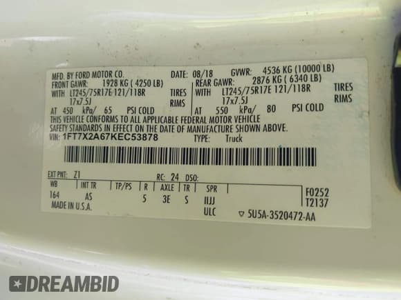 ✅ 2019 Ford F-250 XL • VIN: 1FT7X2A67KEC53878 • Lot: 42707576. Listed on IAAI with 155,920 mi. Free auction sales archive from the USA and detailed vehicle history report at DreamBid. Image 9.