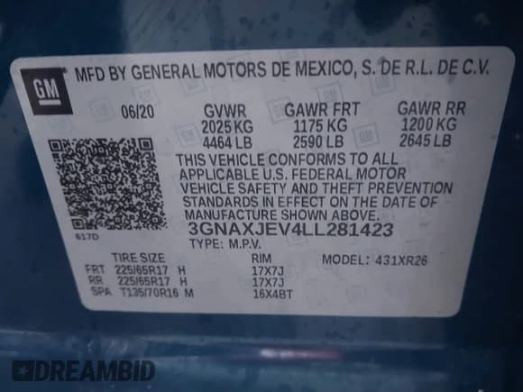 ✅ 2020 Chevrolet Equinox LT • VIN: 3GNAXJEV4LL281423 • Lot: 43740626. Listed on IAAI with 54,576 mi. Free auction sales archive from the USA and detailed vehicle history report at DreamBid. Image 9.