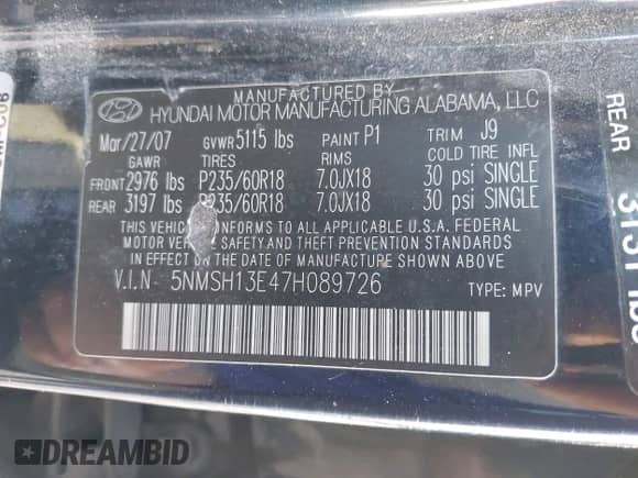 2007 Hyundai Santa Fe SE с VIN 5NMSH13E47H089726, выставлен на аукционе IAAI как лот 43542323 с пробегом 176 629 миль миль и . История ставок и продаж доступна на DreamBid. Изображение 9.