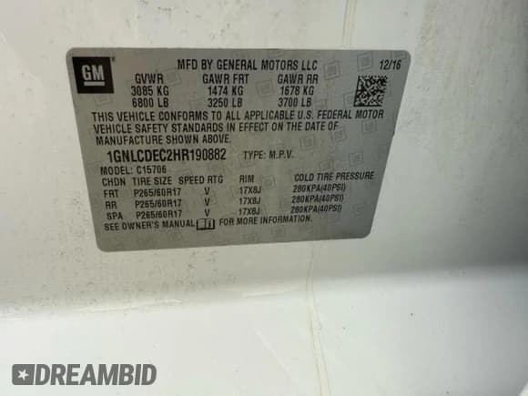 ✅ 2017 Chevrolet Tahoe Commercial • VIN: 1GNLCDEC2HR190882 • Lot: 91099405. Listed on Copart with 128,495 mi. Free auction sales archive from the USA and detailed vehicle history report at DreamBid. Image 10.