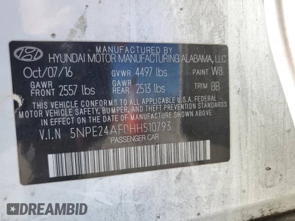 2017 Hyundai Sonata SE with VIN 5NPE24AF0HH510793, listed as a Copart auction lot 85164525 with 108,254 mi miles and Salvage title. Bid and sale history available at DreamBid. Image 12.