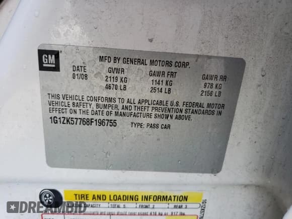 ✅ 2008 Chevrolet Malibu LTZ • VIN: 1G1ZK57768F196755 • Lot: 71594044. Listed on Copart with 188,656 mi. Free auction sales archive from the USA and detailed vehicle history report at DreamBid. Image 12.