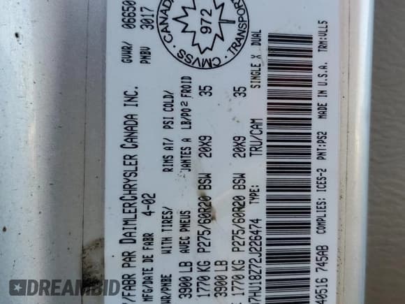 ✅ 2002 Dodge 1500 • VIN: 1D7HU18Z72J226474 • Lot: 92357535. Listed on Copart with 177,100 mi. Free auction sales archive from the USA and detailed vehicle history report at DreamBid. Image 12.